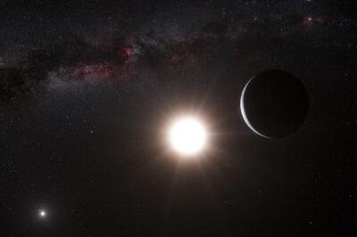 This artistís impression made available by the European Southern Observatory on Tuesday, Oct. 16, 2012 shows a planet, right, orbiting the star Alpha Centauri B, center, a member of the triple star system that is the closest to Earth. Alpha Centauri A is at left. The Earth's Sun is visible at upper right. Searching across the galaxy for interesting alien worlds, scientists made a surprising discovery: a planet remarkably similar to Earth in a solar system right next door. Other Earth-like planets have been found before, but this one is far closer than previous discoveries. Unfortunately, the planet is way too hot for life, and itís still 25 trillion miles away. (AP Photo/ESO, L. Calcada) *** Local Caption ***  Nearby Planet.JPEG-02204.jpg
