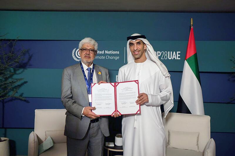 Dr Thani Al Zeyoudi, UAE Minister of State for Foreign Trade (right), and German Umana, Minister of Industry, Commerce and Tourism for Colombia, finalised the terms of a Cepa deal in the UAE on Saturday. Photo: @thanialzeyoudi