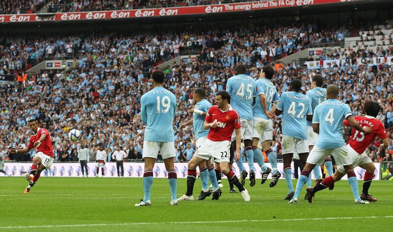 LONDON, ENGLAND - APRIL 16:  Nani of Manchester United takes a free kick during the FA Cup sponsored by E.ON semi final match between Manchester City and Manchester United at Wembley Stadium on April 16, 2011 in London, England.  (Photo by Scott Heavey/Getty Images)