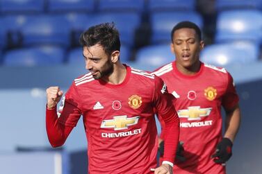 epa08804478 Bruno Fernandes (L) of Manchester United celebrates after scoring the 1-1 equalizer during the English Premier League soccer match between Everton FC and Manchester United in Liverpool, Britain, 07 November 2020. EPA/Clive Brunskill / POOL EDITORIAL USE ONLY. No use with unauthorized audio, video, data, fixture lists, club/league logos or 'live' services. Online in-match use limited to 120 images, no video emulation. No use in betting, games or single club/league/player publications.