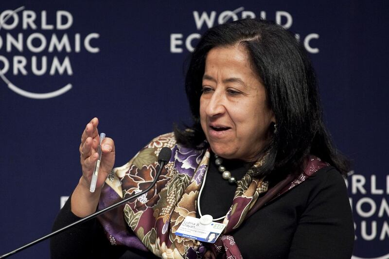 Lubna S. Olayan, chief executive officer of Olayan Financing Co. of Saudi Arabia, takes part in a panel discussion on the future of employment on day one of the 2010 World Economic Forum (WEF) annual meeting in Davos, Switzerland, on Wednesday, Jan. 27, 2010. The organizing theme for this year's meeting is "Improve the State of the World: Rethink, Redesign, Rebuild." Photographer: Chris Ratcliffe/Bloomberg *** Local Caption *** Lubna Olayan