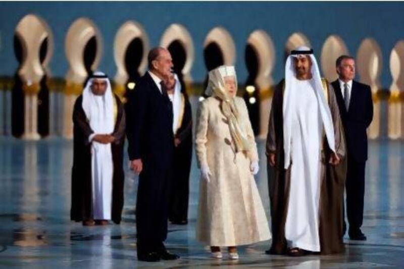 Sheikh Mohammed bin Zayed, Crown Prince of Abu Dhabi and Deputy Supreme Commander of the Armed Forces, with Queen Elizabeth, Prince Philip and Prince Andrew at Sheikh Zayed Grand Mosque in 2010. Andrew Henderson / The National