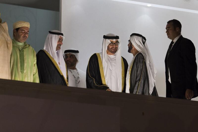 Sheikh Hamad bin Mohammed, Ruler of Fujairah (3rd L), Sheikh Mohammed bin Zayed, Crown Prince of Abu Dhabi and Deputy Supreme Commander of the Armed Forces (C), and Sheikh Mohammed bin Rashid, Vice President, and Ruler of Dubai (2nd R), attend the 44th UAE National Day celebrations at Zayed Sports City, Philip Cheung / Crown Prince Court - Abu Dhabi