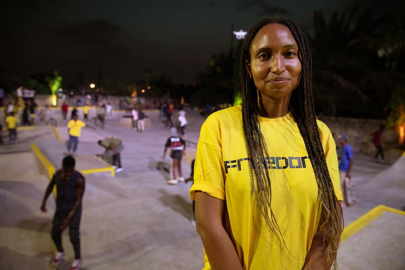 Sandy Alibo, founder of Surf Ghana and Freedom Skate Park, poses for at photograph at the opening of the Freedom Skate Park in Accra, Ghana, on December 15, 2021.  - The Freedom Skate Park is the first skate park and a recreational center created by the youth in Ghana.  (Photo by Nipah Dennis  /  AFP)