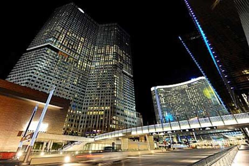 CityCenter’s 4,004-room Aria gaming resort, right, with Las Vegas’s first Mandarin Oriental hotel, left.