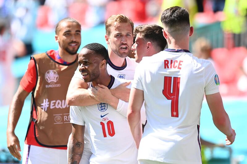 England's Raheem Sterling, left, celebrates with his teammates after scoring his side's goal during the Euro 2020 1-0 win against Croatia at Wembley on June 13, 2021. AP