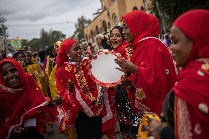 Young women dressed in traditional attire during the celebration of the Shuwalid festival in Harar. AFP