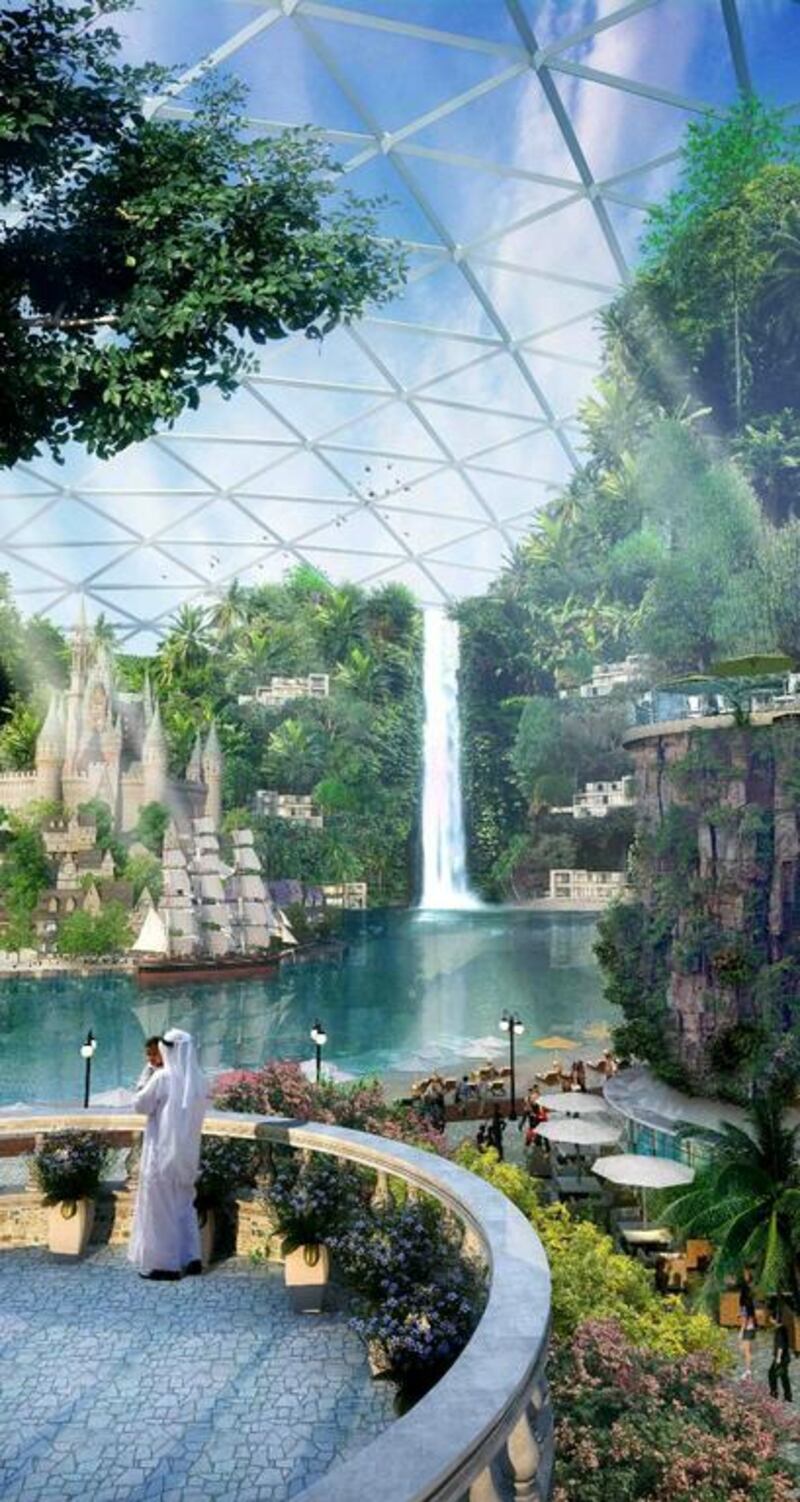 The Mall of the World will have the world’s largest indoor theme park, which will be covered by a glass dome that will be open during the winter months. Above, a rendering of the indoor theme park. Courtesy Dubai Holding