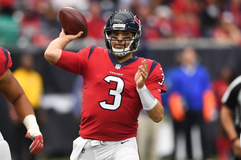 Dec 10, 2017; Houston, TX, USA; Houston Texans quarterback Tom Savage (3) looks to pass during the first quarter against the San Francisco 49ers at NRG Stadium. Mandatory Credit: Shanna Lockwood-USA TODAY Sports