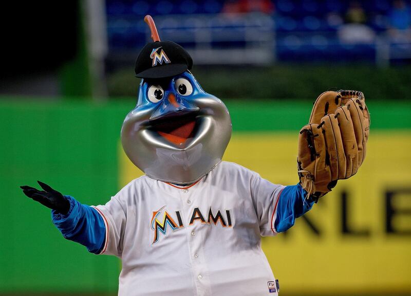 MIAMI, FL - SEPTEMBER 24: Miami Marlins mascot Billy the Marlin before the game against the Philadelphia Phillies at Marlins Park on September 24, 2014 in Miami, Florida.   Rob Foldy/Getty Images/AFP