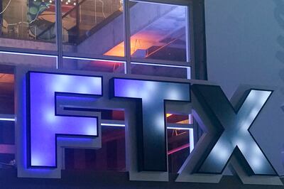 The logo collapsed cryptocurrency platform FTX at the FTX Arena, Miami. The Bank of England warns of the dangers of risky investments. AP