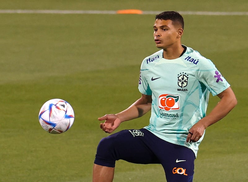 Brazil's defender Thiago Silva in action during a training session of the team in Doha, Qatar, 21 November 2022.  Brazil will face Serbia in their FIFA World Cup 2022 group G match on 24 November.   EPA / RUNGROJ YONGRIT