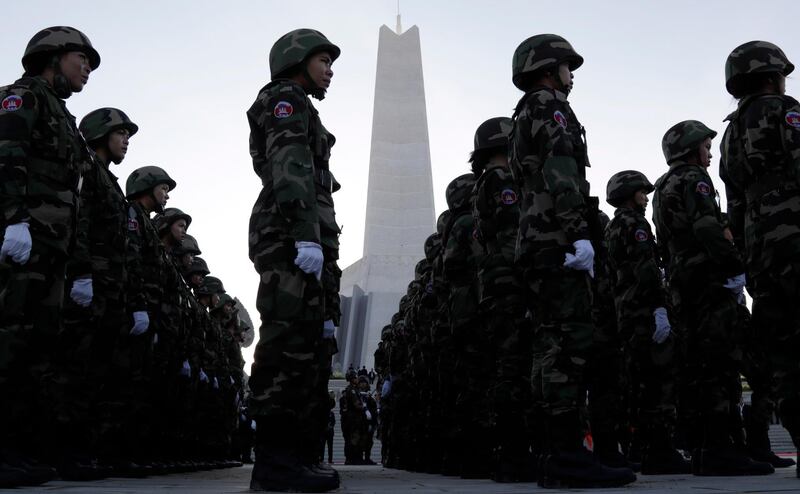 Cambodian soldiers stand during an opening ceremony of the Win-Win Monument on the outskirts of Phnom Penh, Cambodia. EPA