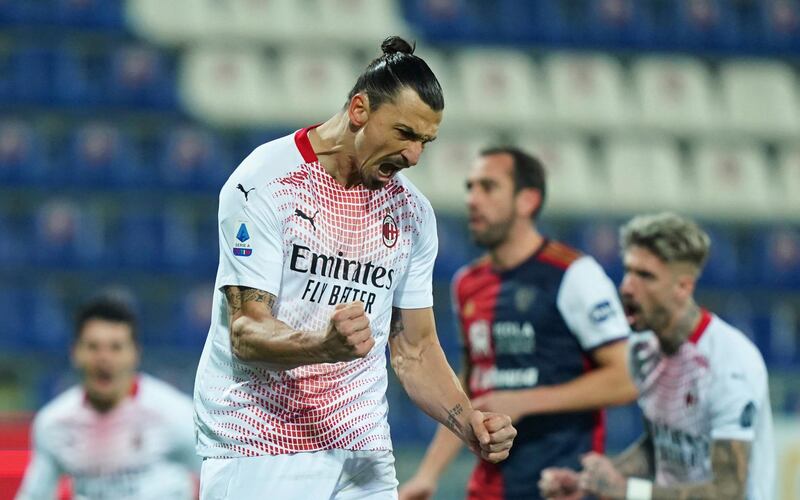 Zlatan Ibrahimovic celebrates scoring AC Milan's first goal. AP