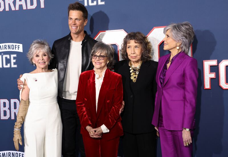 Cast members Rita Moreno, Tom Brady, Sally Field, Lily Tomlin and Jane Fonda attend a premiere of '80 for Brady' in Los Angeles. Reuters