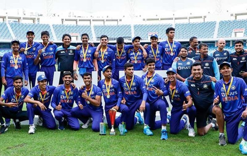 Champions India celebrate after their win over Sri Lanka in the U19 Asian Cup final at the Dubai International Stadium on Friday, December 31, 2021. Photo: ACC