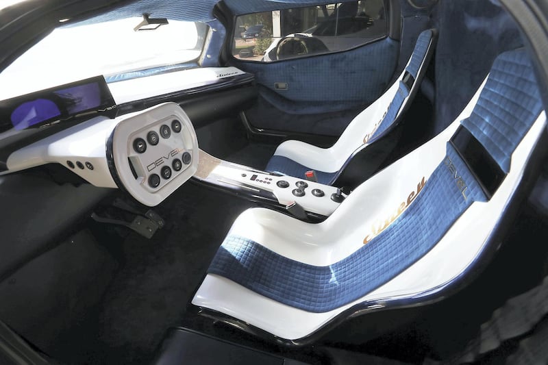 DUBAI , UNITED ARAB EMIRATES , November 15  – 2018 :- Steering wheel of the Devel Sixteen supercar at the home of Majid Al Attar on Al Wasl road in Dubai. ( Pawan Singh / The National ) For Motoring. Story by Adam
