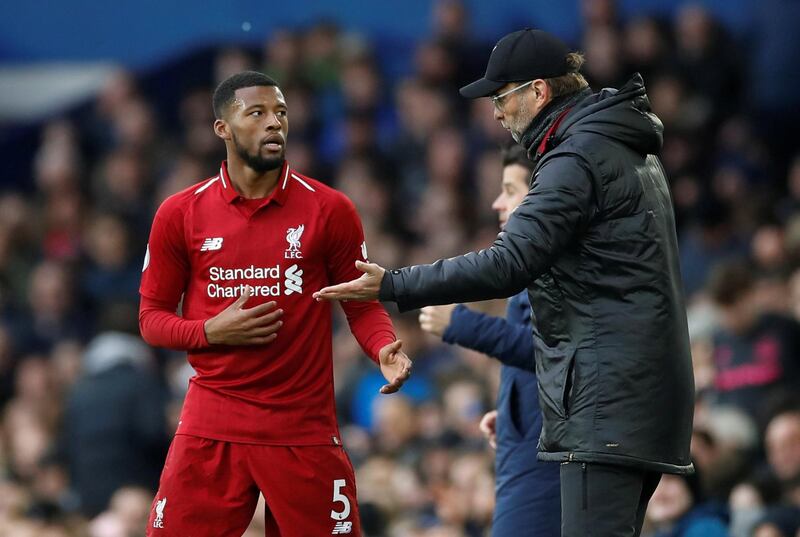 Soccer Football - Premier League - Everton v Liverpool - Goodison Park, Liverpool, Britain - March 3, 2019  Liverpool manager Juergen Klopp speaks with Liverpool's Georginio Wijnaldum during the match        Action Images via Reuters/Carl Recine  EDITORIAL USE ONLY. No use with unauthorized audio, video, data, fixture lists, club/league logos or "live" services. Online in-match use limited to 75 images, no video emulation. No use in betting, games or single club/league/player publications.  Please contact your account representative for further details.