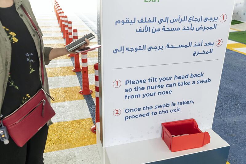 RAS AL KHAIMAH, UNITED ARAB EMIRATES. 12 APRIL 2020. The Ras Ak Khaimah National Screening Center in RAK city that forms part of the drive-through testing centres that opened across the emirates last week. Clear instructions are presented for everyone at each stage pof the test. (Photo: Antonie Robertson/The National) Journalist: Ruba Haza. Section: National.