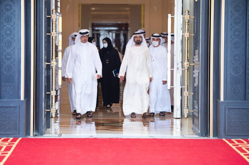 Sheikh Mohammed and ministers arriving for the Cabinet meeting in Abu Dhabi.  