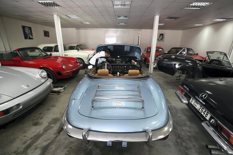 Dubai, United Arab Emirates - June 11th, 2018: Photo project. James Daladar fixes and restores a 1969 Jaguar EXE (E type) roadster at Jeepers Auto Mechanical / Classic Cars Dubai. Monday, June 9th, 2018 Al Quoz, Dubai. Chris Whiteoak / The National