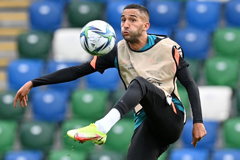 Midfielder Hakim Ziyech takes part in a training session on the eve of the Super Cup match against Villarreal.