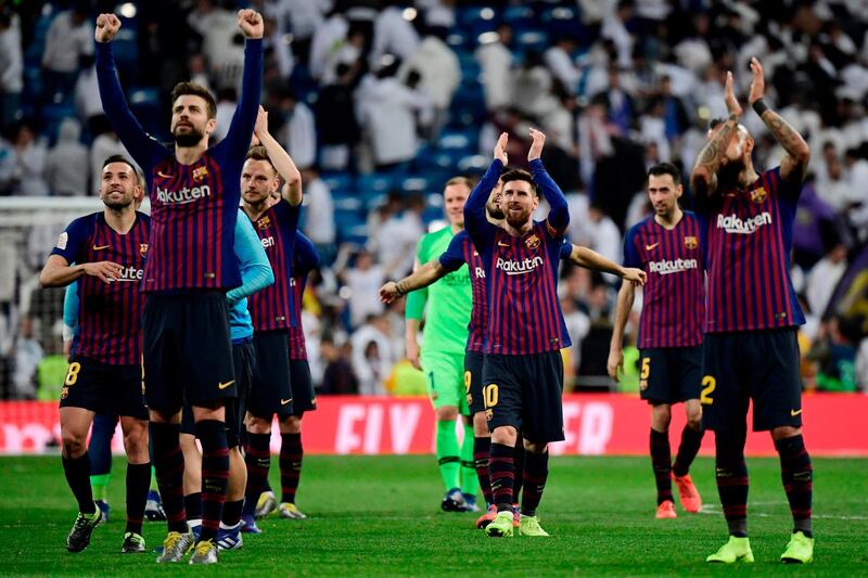 Barcelona players celebrate their win. AFP