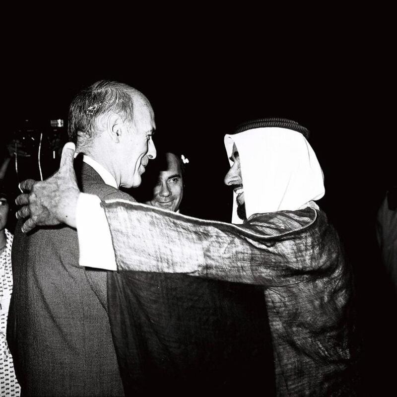 President Valéry Giscard d’Estaing of France arrives in Abu Dhabi in 1980 to be greeted by Sheikh Zayed. Al Ittihad