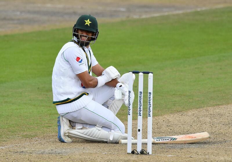 Pakistan's Shan Masood after being hit on the arm off the bowling of  Stuart Broad. Reuters