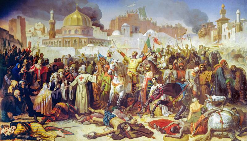 A Crusades painting by Emile Signol depicting the taking of Jerusalem by the crusaders in 1099. Alamy Stock Photo