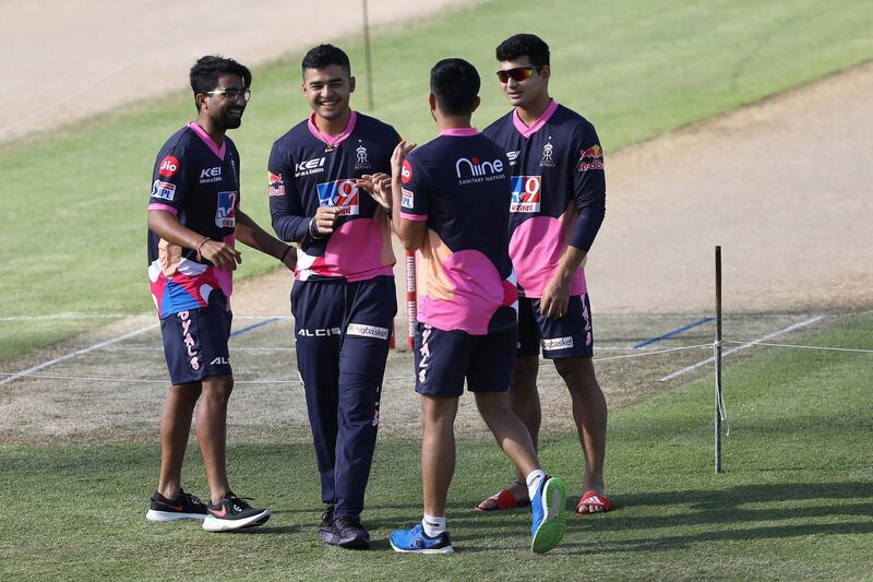 RR players talk to each other during match 4 of season 13 of the Indian Premier League (IPL) between Rajasthan Royals 
and Chennai Super Kings held at the Sharjah Cricket Stadium, Sharjah in the United Arab Emirates on the 22th September 2020.  Photo by: Arjun Singh / Sportzpics for BCCI
