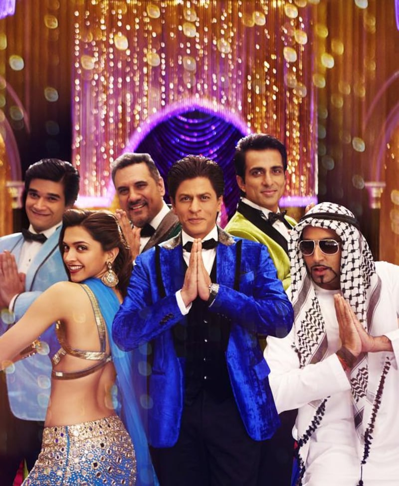 The cast of Happy New Year, from left to right, Vivaan Shah, Deepika Padukone, Boman Irani, Shah Rukh Khan, Sonu Sood and Abhishek Bachchan. Courtesy Red Chillies Entertainment