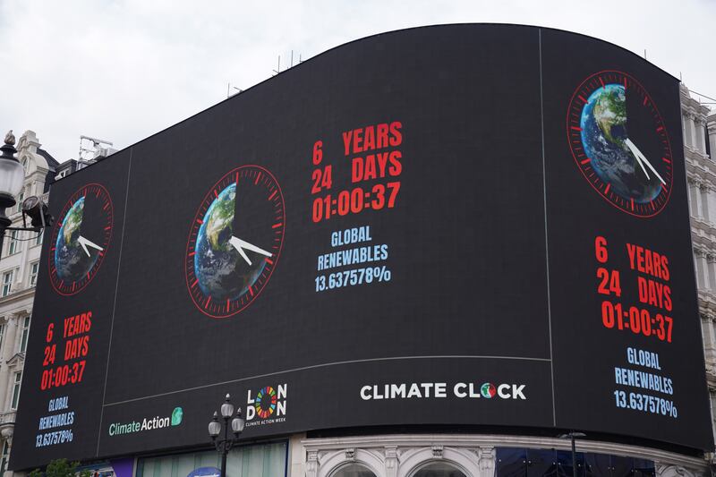 The National Climate Clock at Piccadilly Circus in central London, part of London Climate Action Week. The clock provides a stark warning that there are only six years and 24 days left to limit global warming to 1.5°C above pre-industrial levels. PA