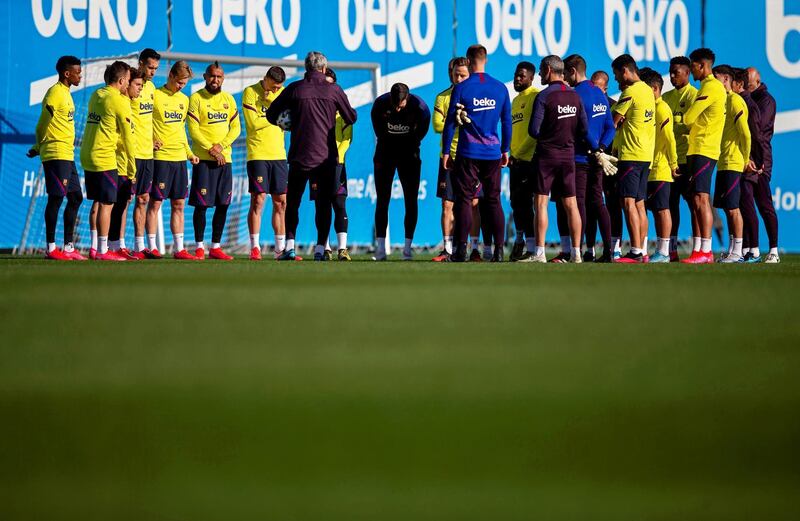 Barcelona manager Quique Setien leads a training session at Sant Joan d'Espi sports city. EPA