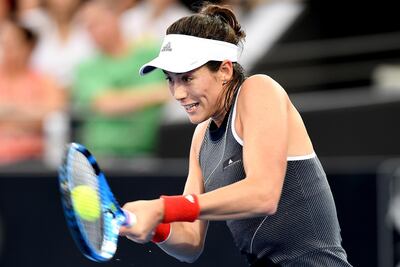 BRISBANE, AUSTRALIA - JANUARY 02:  Garbine Muguruza of Spain plays a backhand in her match against Aleksandra Krunic of Serbia during day three of the 2018 Brisbane International at Pat Rafter Arena on January 2, 2018 in Brisbane, Australia.  (Photo by Bradley Kanaris/Getty Images)