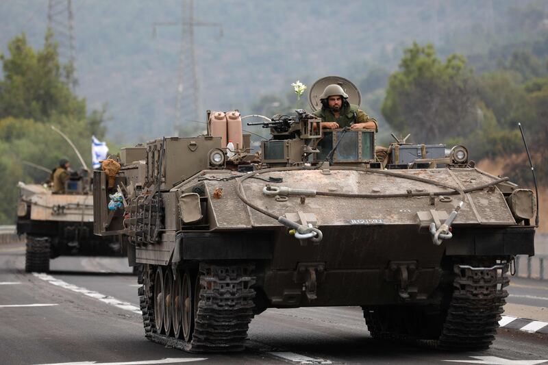 Israeli mobile armour on streets near the northern town of Kiryat Shmona close to the border with Lebanon on October 10, 2023. AFP