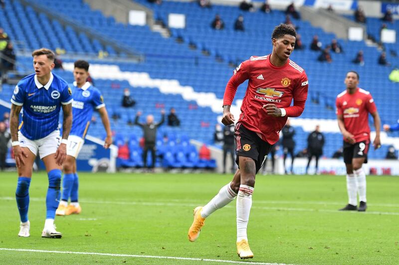 Manchester United's Marcus Rashford celebrates after scoring against Brighton and Hove Albion at the American Express Community Stadium on Saturday. AFP