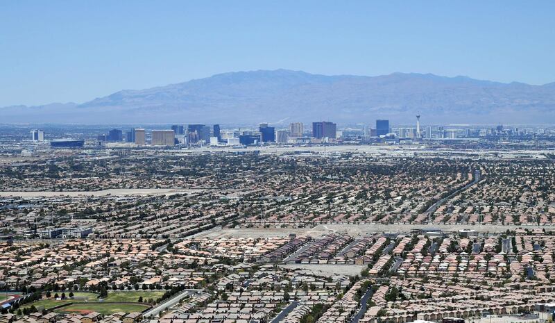 LAS VEGAS, NEVADA - MAY 21: An aerial view shows hotel-casinos and other venues on the Las Vegas Strip, most of which have been closed since March 17 in response to the coronavirus (COVID-19) pandemic on May 21, 2020 in Las Vegas, Nevada. It is still unclear when casinos in the state will be allowed to reopen.   Ethan Miller/Getty Images/AFP
== FOR NEWSPAPERS, INTERNET, TELCOS & TELEVISION USE ONLY ==
