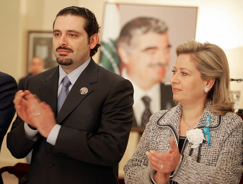 Saad Hariri and Solange Gemayel, the widow of assassinated president and Christian warlord Bashir Gemayel, attend a press conference in Beirut in 2005, where Hariri announced his list for the coming elections. Ms Gemayel became a shoo-in for Beirut's only Maronite Christian seat.