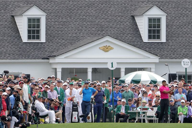 Tiger Woods plays his shot from the first tee during the first round of the Masters at Augusta National Golf Club on April 07, 2022 in Augusta, Georgia. Getty Images
