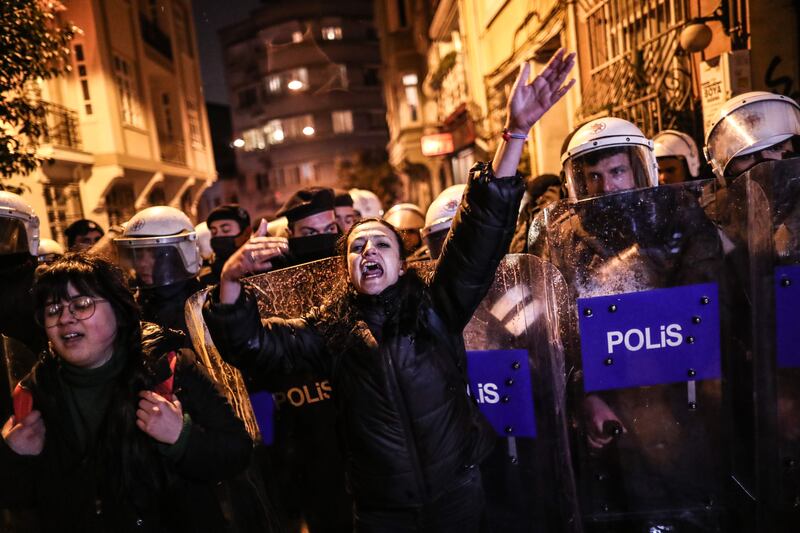 Female protesters are blocked by police as they march to Taksim Square to mark International Women's Day in Istanbul, Turkey, on March 8. EPA