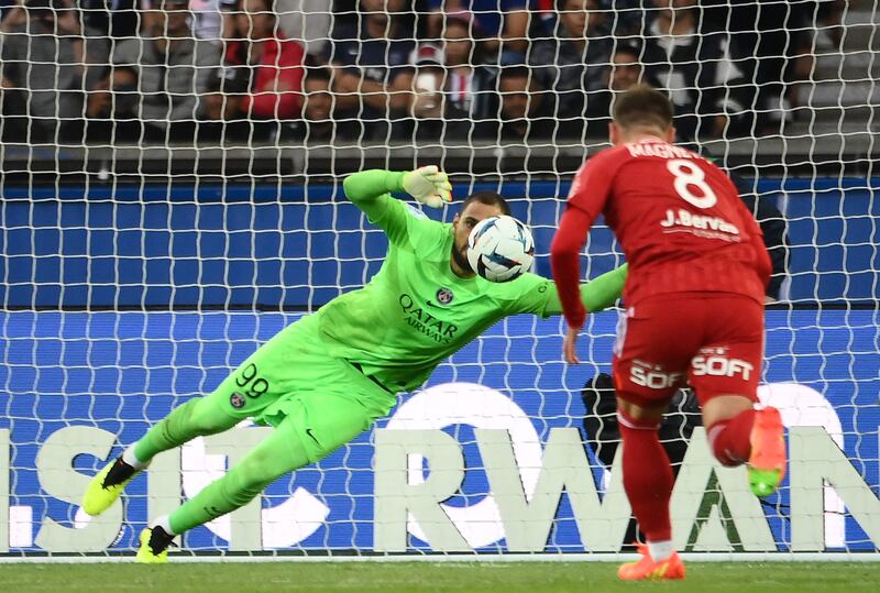 PSG RATINGS: Gianluigi Donnarumma - 8, Made a good save to deny Franck Honorat’s shot from range and outsmarted Islam Slimani to push his penalty away with a strong hand. Did well to tip the ball wide when it hit Slimani. AFP

