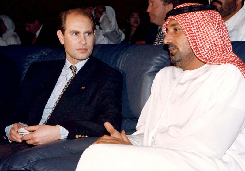 Britain's Prince Edward speaks with Emirates airline founder Sheikh Ahmed bin Saeed Al Maktoum during a visit to Dubai in March 1997.  Reuters