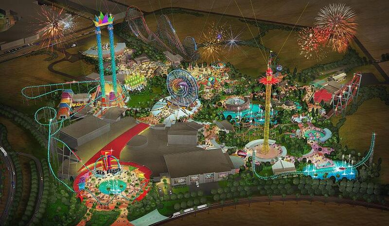 Above, an artist's concept of Six Flags Dubai theme park. Courtesy Dubai Parks and Resorts