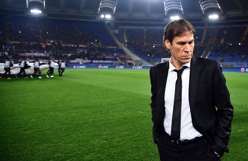 Roma's coach from Rudi Garcia walks off the pitch before the Champions League match against Bate Borisov on December 9, 2015 at the Olympic Stadium in Rome. AFP