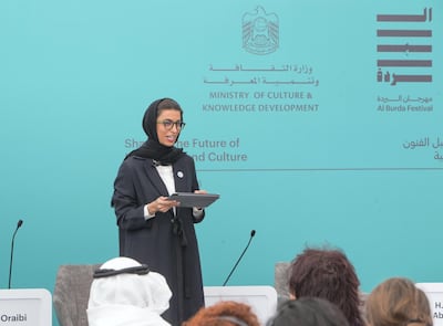 ABU DHABI, UNITED ARAB EMIRATES -HE Noura Bint Mohammed Al Kaabi, Minster of Culture and Knowledge Development, UAE at the Al Burda Festival, Shaping the Future of Islamic Art and Culture at Warehouse 421, Abu Dhabi.  Leslie Pableo for The National for Melissa Gronlund’s story