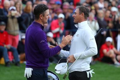 ANTALYA, TURKEY - NOVEMBER 05:  Justin Rose of England is congratulated by Nicolas Colsaerts of Belgium on the 18th green during the final round of the Turkish Airlines Open at the Regnum Carya Golf & Spa Resort on November 5, 2017 in Antalya, Turkey.  (Photo by Richard Heathcote/Getty Images)