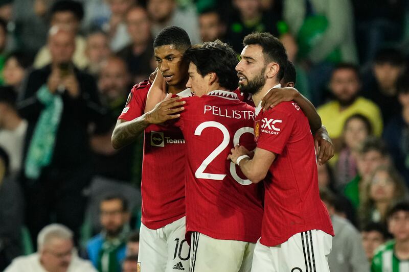 Manchester United's Marcus Rashford celebrates scoring in the 1-0 Europa League round of 16 second leg win against Real Betis at the Benito Villamarin Stadium, Seville, on March 16, 2023. AP