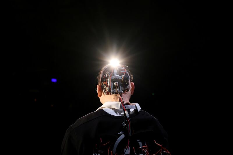 An animatronic robot, which is made in the likeness of German playwright Thomas Melle, from theater collective Rimini Protokoll performs "Uncanny valley" during the Santiago a Mil International Theatre Festival in Santiago, Chile. Reuters