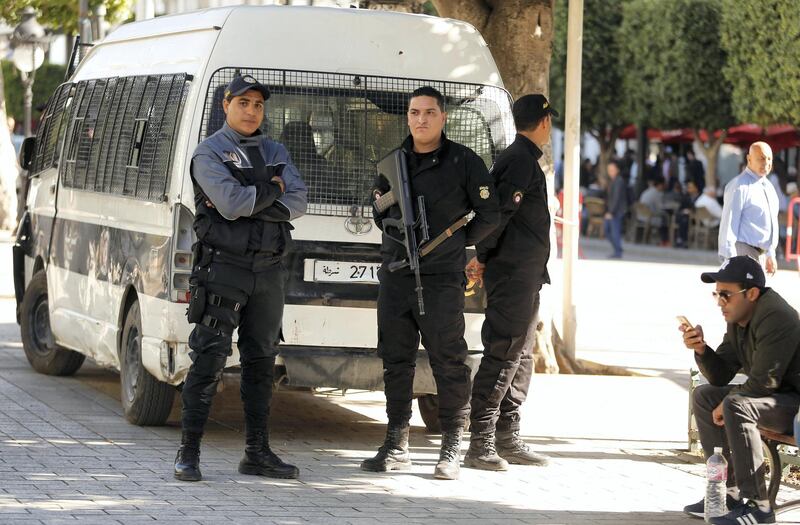 Police officers secure the area at the site of an explosion that occurred yesterday in Tunis, Tunisia October 30, 2018. REUTERS/Zoubeir Souissi